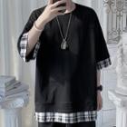 Elbow-sleeve Mock Two-piece Plaid Panel T-shirt