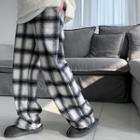 Wide-leg Woolen Plaid Pants Black - One Size