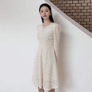 Puff-shoulder Flared Midi Lace Dress