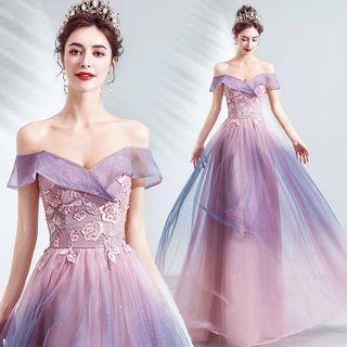 Off Shoulder Mesh A-line Evening Gown