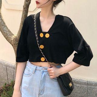Elbow-sleeve Buttoned Cropped Top