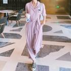 Short-sleeve Collared Cropped Harem Jumpsuit