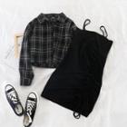 Set: Plaid Blouse + Sleeveless Dress Black - One Size