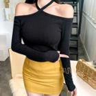 Set: Cold Shoulder Long-sleeve Knit Top + High Waist Mini Skirt
