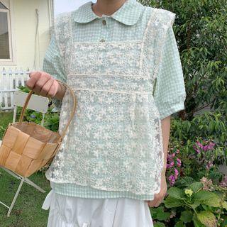 Short-sleeve Gingham Shirt / Floral Embroidered Lace Camisole Top / Midi A-line Skirt