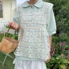 Short-sleeve Gingham Shirt / Floral Embroidered Lace Camisole Top / Midi A-line Skirt