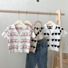 Short-sleeve Heart Pattern Collared Knit Top