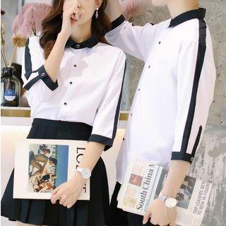 Couple Matching Contrast Trim 3/4-sleeve Shirt