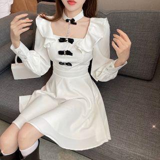 Long-sleeve Choker Ruffled Mini A-line Dress