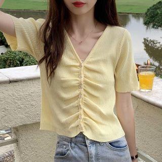 Short-sleeve Crinkled Button Up Knit Top