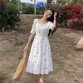 Puff-sleeve Patterned Cut-out Dress
