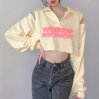 Cold-shoulder Lettering Cropped Sweatshirt