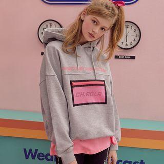 Letter-printed Zip-pocket Hoodie Melange Gray - One Size