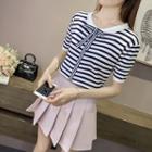 Bow Accent Collared Short Sleeve Knit Top