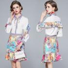 Set: Printed Ruffle Blouse + Mini A-line Skirt