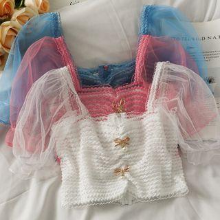 Patchwork Ribbon-accent Smocked Crop Top