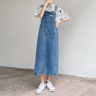 Denim Midi Dungaree Dress / Short-sleeve Cartoon Print Shirt / Striped T-shirt