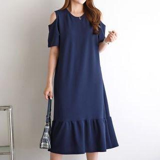 Cold-shoulder Frill-hem Midi Dress