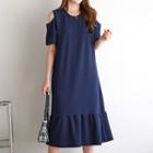 Cold-shoulder Frill-hem Midi Dress