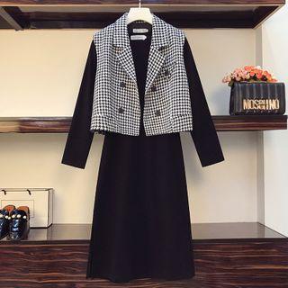 Set: Long-sleeve Midi A-line Dress + Houndstooth Vest