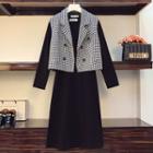 Set: Long-sleeve Midi A-line Dress + Houndstooth Vest
