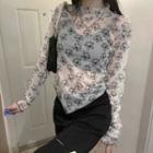 Long-sleeve Round-neck Butterfly Print Mesh Top