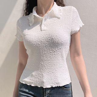Short Sleeve Ruffled-trim Textured Crop Top