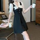 Mock Two-piece Puff-sleeve Bow Slit Dress