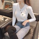 Buttoned V-neck Long-sleeve Slim-fit Knit Top