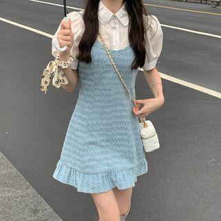 Puff-sleeve Shirt / Patterned Denim Overall Dress