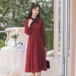 Two Tone Button-up Bow Pleated A-line Dress