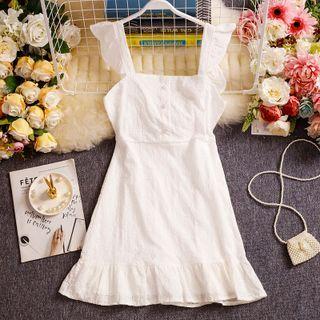 Sleeveless Ruffle Trim Eyelet Mini A-line Dress