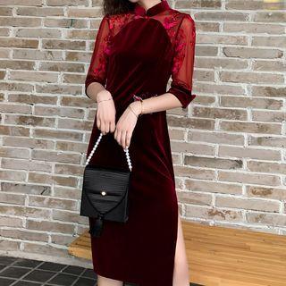 Elbow-sleeve Lace-panel Qipao Dress