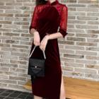 Elbow-sleeve Lace-panel Qipao Dress