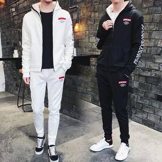 Set: Fleece-lined Hooded Zip Jacket + Lettering Sweatpants
