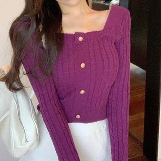 Long-sleeve Square-neck Button-up Knit Top