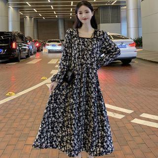 Long-sleeve Square Neck Fleece-lined Floral Midi Dress Black & White - One Size