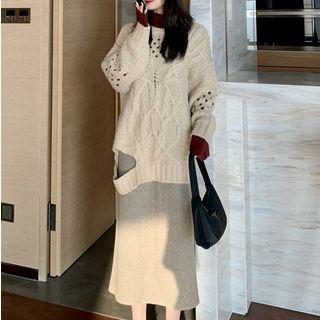 Pointelle Sweater / Back Slit Midi Straight-fit Knit Skirt