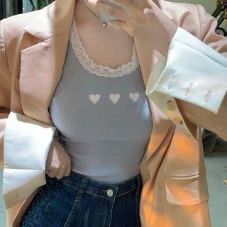 Heart Embroidered Lace Trim Tank Top / Plain Loose Fit Blazer