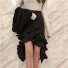 Plain Blazer / Asymmetric Hem Frill-trim Mini Skirt