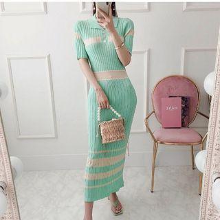 Short-sleeve Knit Sheath Dress Green - One Size