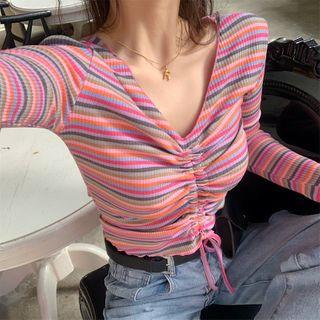 Striped V-neck Long-sleeve Slim-fit Top Pink - One Size