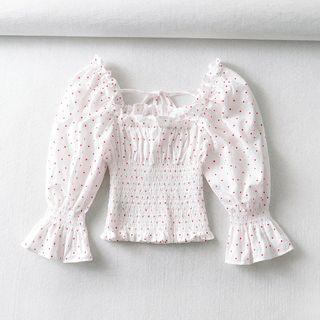 Square-neck Tie-strap Dotted Cropped Blouse