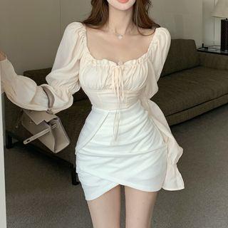 Ruffle Trim Blouse / Asymmetrical Mini Pencil Skirt