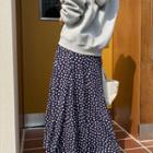 Band-waist Flared Maxi Floral Skirt Dark Navy Blue - One Size