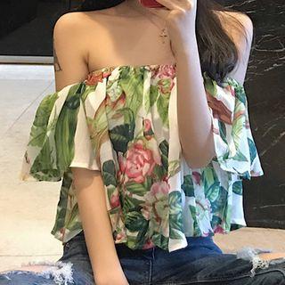 Off-shoulder Floral Print Blouse As Shown In Figure - One Size
