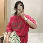 Elbow-sleeve Quilted Letter Printed T-shirt / High-waist Leopard Skirt
