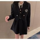 Blazer / Tie Neck Shirt / Spaghetti Strap Mini A-line Dress