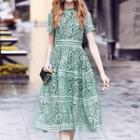 Short-sleeve Lace Midi A-line Dress