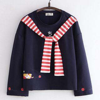 Striped Tie-neck Cat Print Long-sleeve T-shirt
